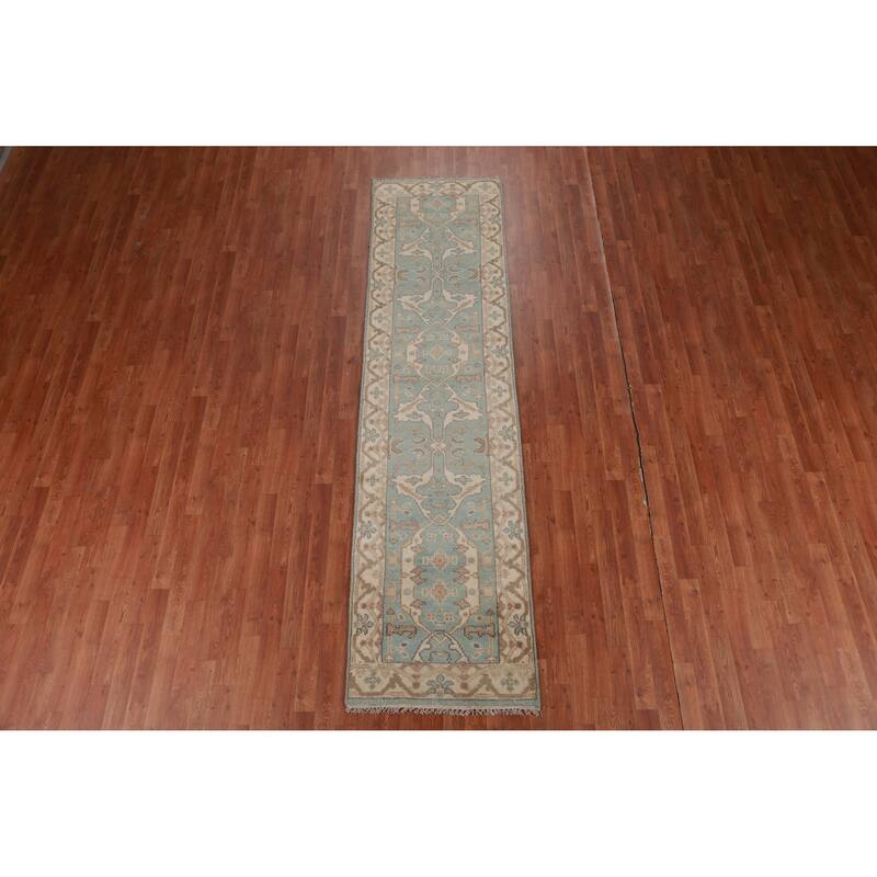 Light Blue Oushak Oriental Runner Rug Handmade Bedroom Wool Carpet - 2'6" x 10'0"
