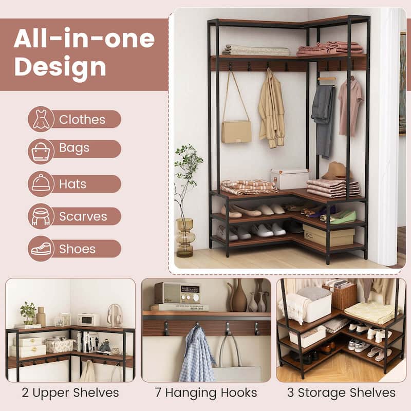 Costway Corner Garment Rack L-shaped Clothes Rack with Open Shelves & - See Details