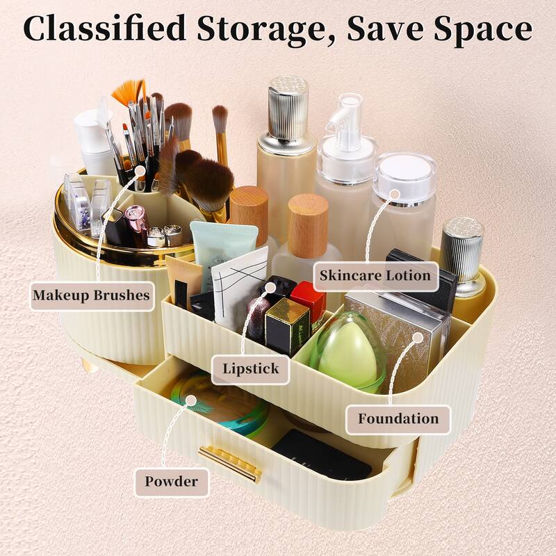 Makeup Organizer 360 Rotating Makeup Organizer for Vanity w/ Drawer - 13.58"x6.10"x5.91"