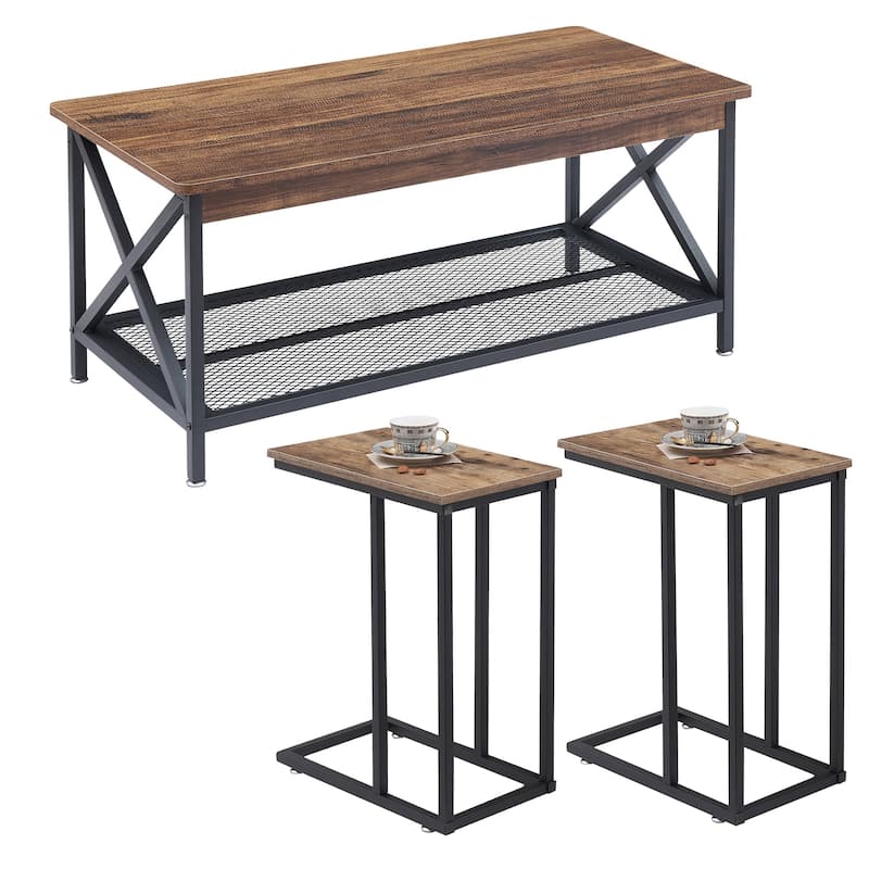 Javlergo 3-pieces Coffee Table Set for Living Room Wood Coffee Table and C End Tables Set of 2 - Grey