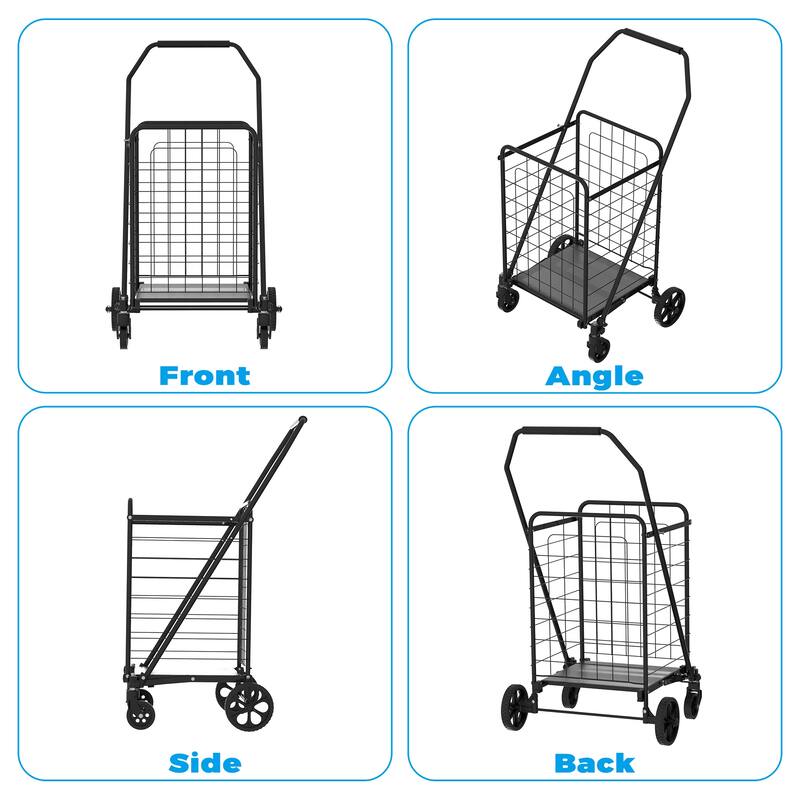 Foldable Grocery Shopping Cart with Shelf & 360 Rolling Swivel Wheels