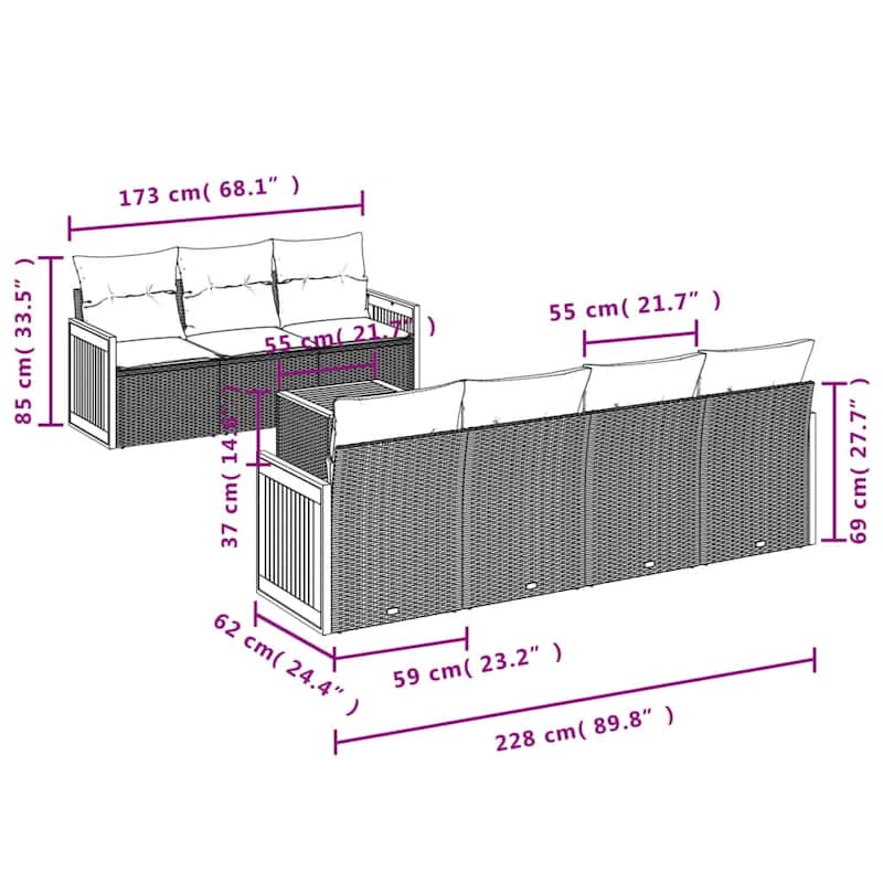 vidaXL Patio Sofa Set with Cushions Outdoor Furniture 8 Piece Poly Rattan - 21.7 x 21.7 x 14.6