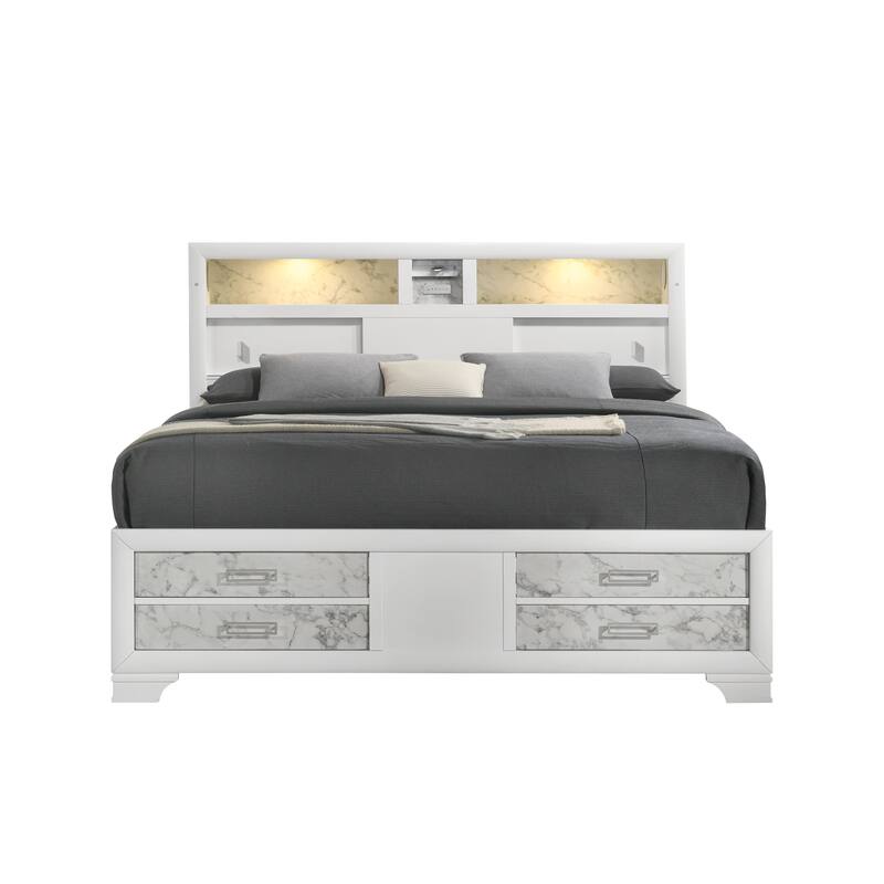 Soul Contemporary Queen/King Bed - White Finish, Marble Accents, Built-in Lighting, Storage Drawers, USB-C & Bluetooth Speakers