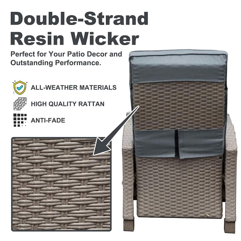 Woven Wicker Outdoor Recliner Chair, Thick Cushions Reclining Lounge Chair