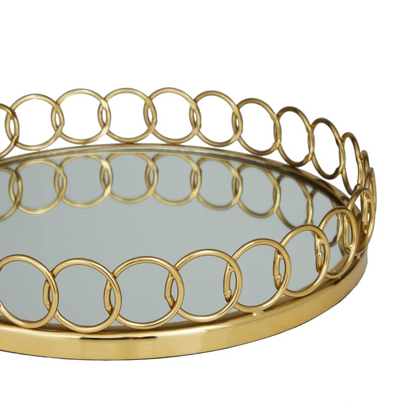 Gold Stainless Steel Metal Mirrored Tray with Circle Patterned Sides (Set of 2) - 16", 14"W