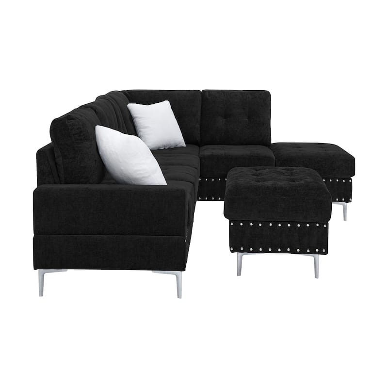 Chenille 3 Seater Couch L-shaped Sectional Sofa with Reversible Chaise, Storage Ottoman, Metal Legs, Copper Nails and 2 Pillows
