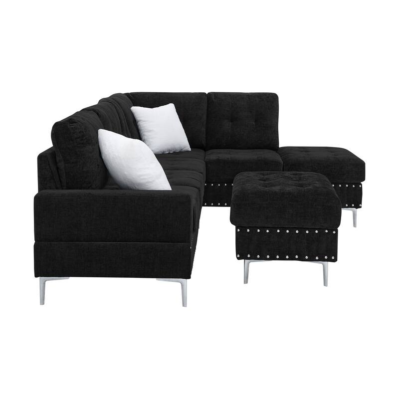 Roomfitters Sectional 3-Seater Sofa with Chaise, Storage Ottoman, Metal Legs, Nailhead Trim and Two Pillows