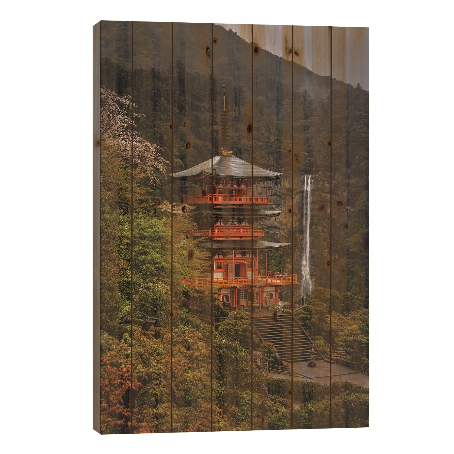 Japan Forest Temple With Waterfall II Print On Wood by Alex G Perez - Multi-Color