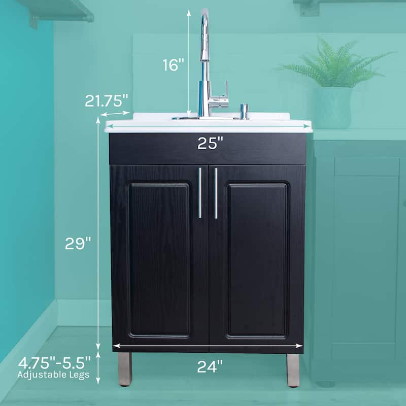 TEHILA Black Utility Sink Cabinet, High Arc Faucet, Soap Dispenser