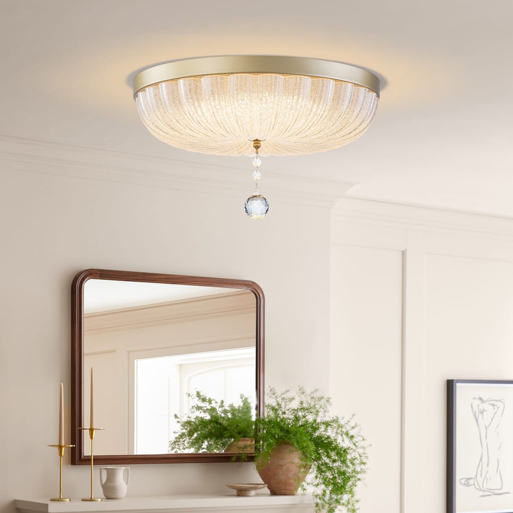 Starsky Modern Glam Crystal Glass LED Flush Mount with Crystal Drop - Gold
