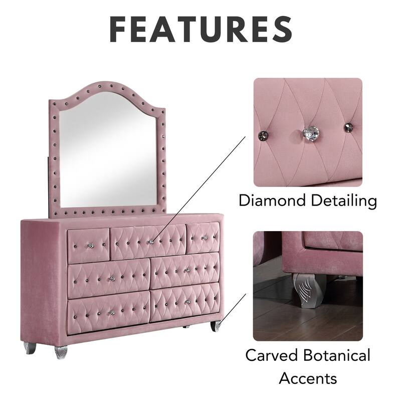 Vyvi Glam Pink Upholstered 2-piece 7-Drawer Dresser and Mirror Set by Furniture of America