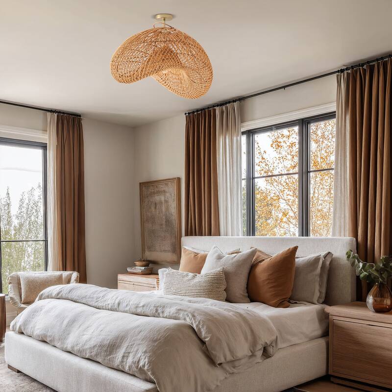 Sepherina Rattan Flush Mount - Rattan Natural 1-Light Handwoven Ceiling Light for Bedroom or Hallway in Modern, Farmhouse Style