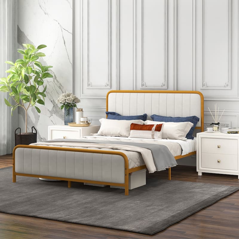 Costway Full Gold Metal Bed Frame Upholstered Platform Bed with Velvet