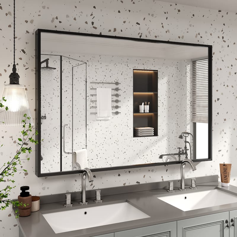 Tempered Glass and Metal Framed French Cleat Mounted Wall Bathroom / Vanity Mirror - 48" x 32" - Black