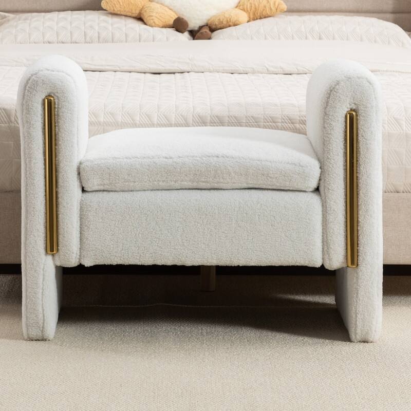 21.3" Seat Widths Soft Teddy Fabric Ottoman Footrest Stool - Ivory