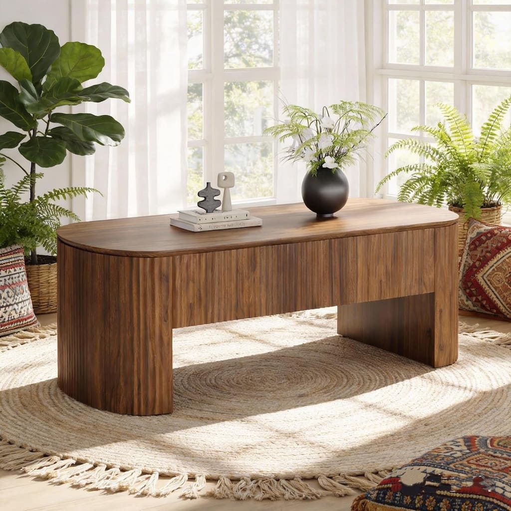 47-Inch Oval Lift Top Coffee Table, Mid-Century Rustic Center Table with Hidden Storage and 24" Raised Height for Living Room