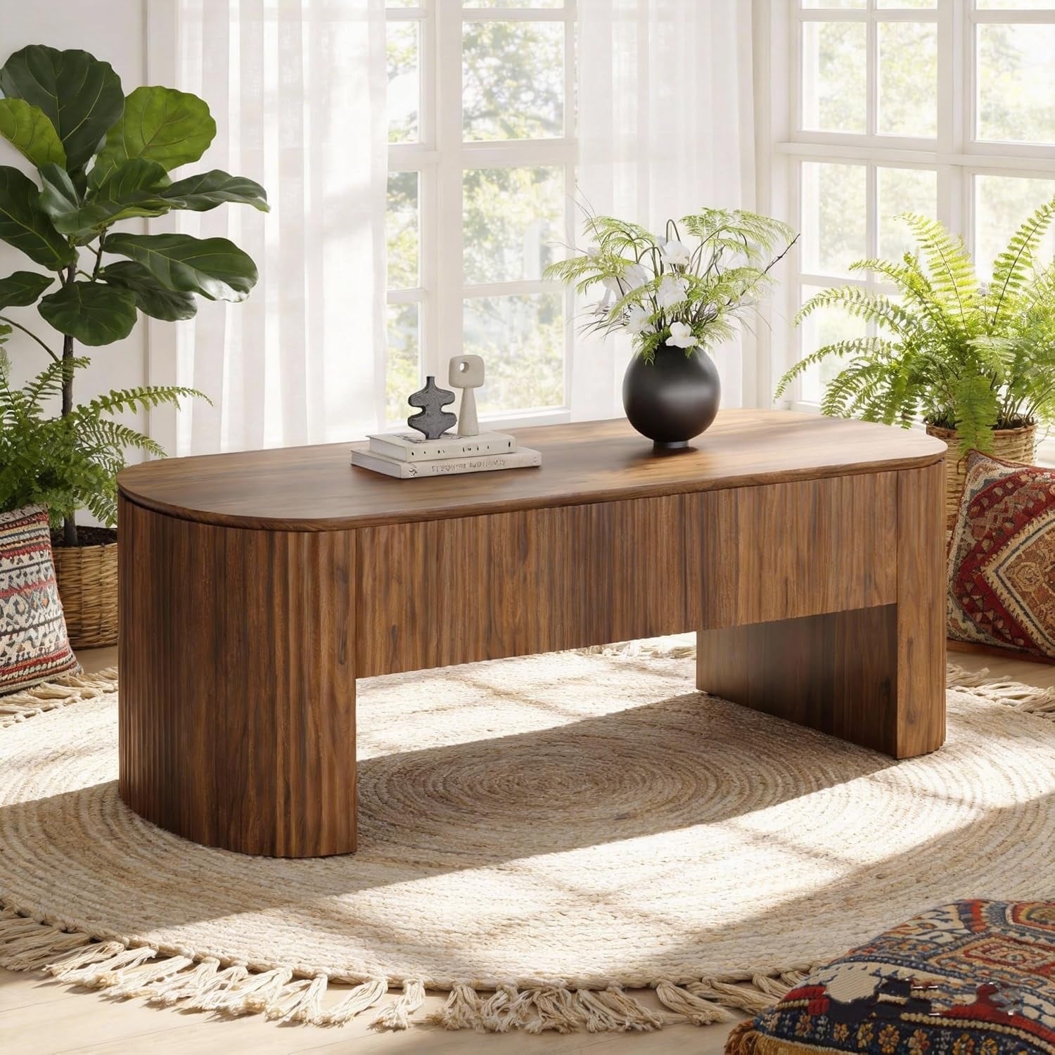 47-Inch Oval Lift Top Coffee Table, Mid-Century Rustic Center Table with Hidden Storage and 24" Raised Height for Living Room