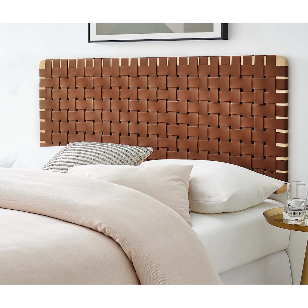 Ditmas Solid Wooden Brown Leather Basket Weaved Floating Full Size Headboard