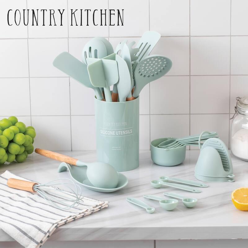 Country Kitchen Non Stick Silicone Utensil Set with Rounded Wood Handles for Cooking and Baking, 38 Piece Set
