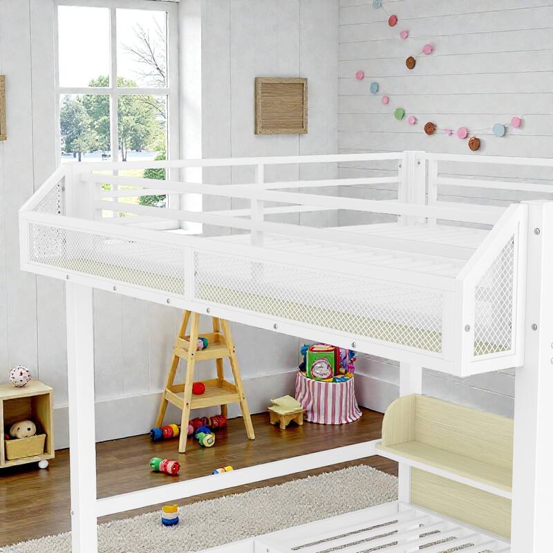 Metal Bunk Bed with Storage Shelves, Drawers, USB Ports, LED Lights & Convertible Lower Bed Sofa Design