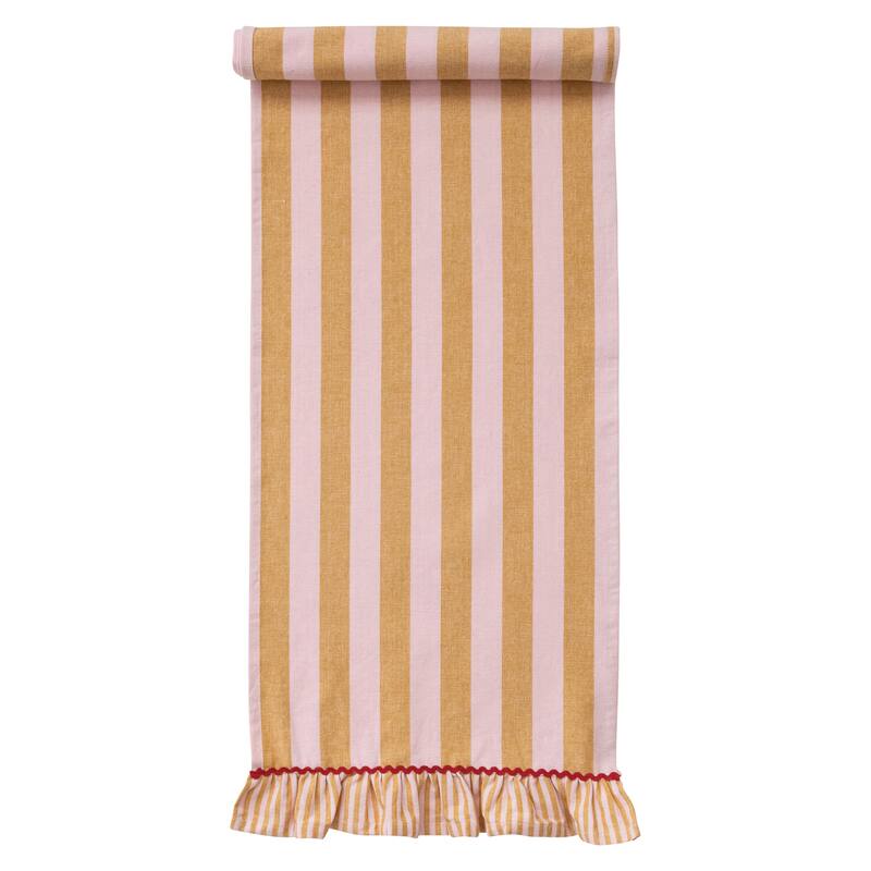 Woven Cotton Striped Table Runner with Ruffle & Ric Rac Trim - 72.0"L x 14.0"W x 0.25"H