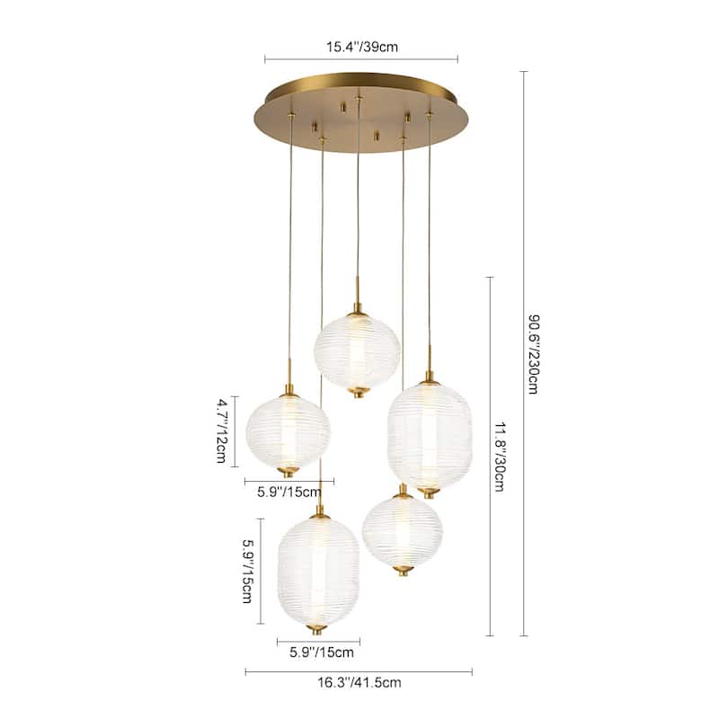 Glam Etched Ribbed Glass 5-Light Cluster LED Chandelier 16.3 in