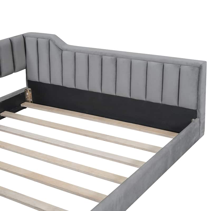 Upholstered Daybed with Side Storage Pocket, Living Room Sofa Bed Velvet Fabric Floor Bedframe, Wood Slats Support