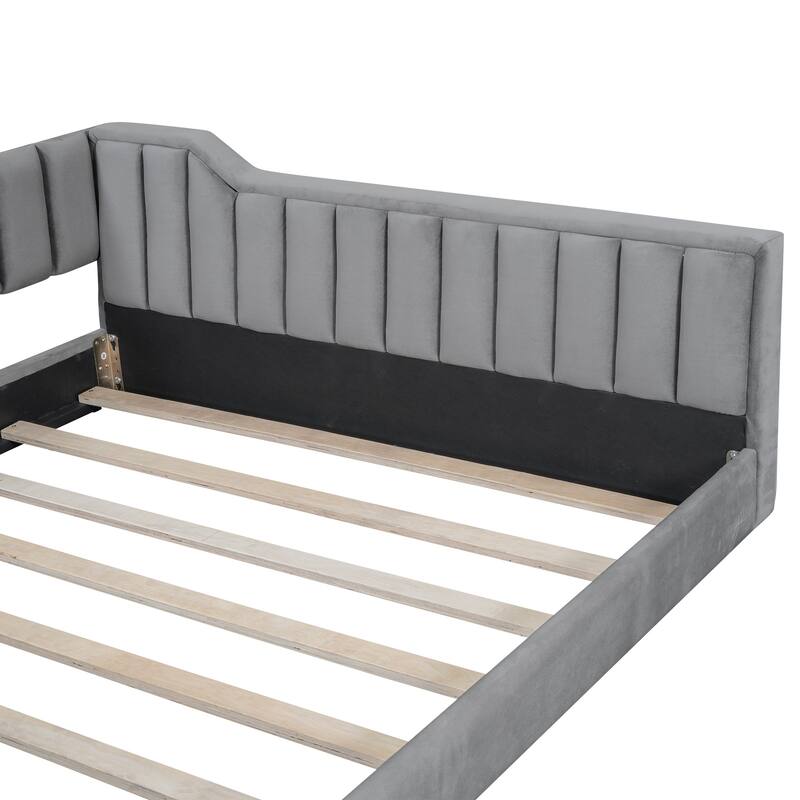 Upholstered Daybed with Sloped Arms and Side Pocket, Vertical Stripes Grounded Daybed with Wood Slat Support, Velvet Fabric
