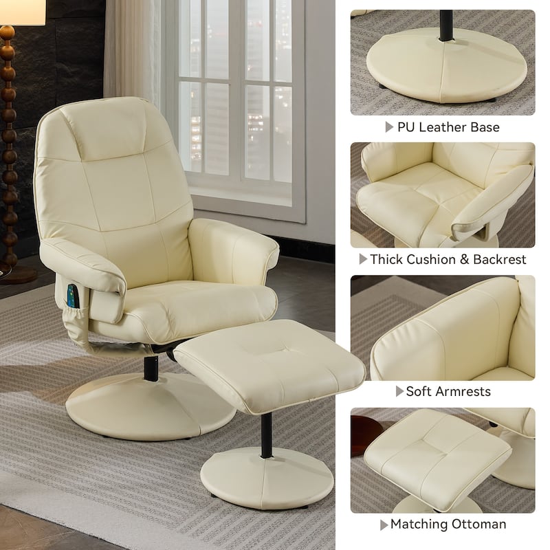Recliner Chair with Ottoman, Swivel Chair with Vibration Massage, PU Lounge Chaise Chair with Adjustable Backrest