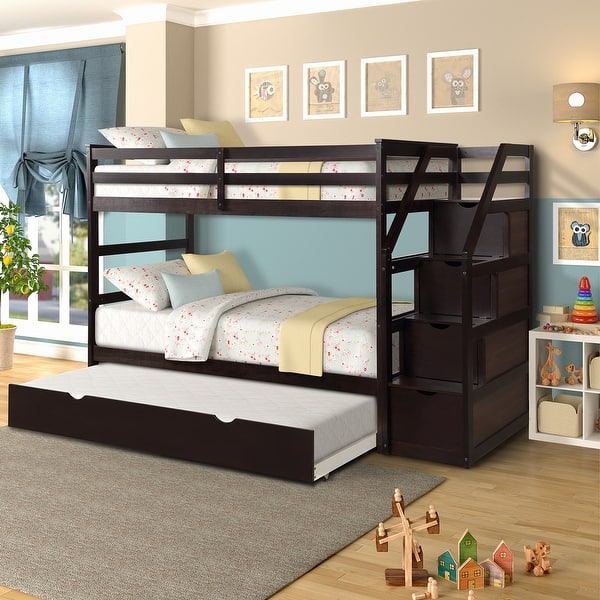 Merax Twin Over Twin Stair Bunk Bed With Storage Ladder And Trundle On Sale Overstock 30538386 Espresso