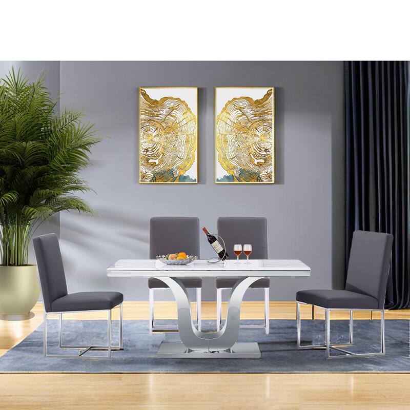 Grey PU Leather Dining Chairs with Mirrored Stainless Steel Legs - Set of 2
