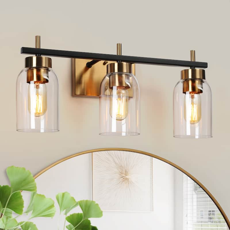 Valina Modern Black Gold 3-Light Bathroom Vanity Light Cylinder Glass Wall Sconces