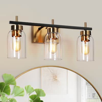 Valina Modern Black Gold 3-Light Bathroom Vanity Light Cylinder Glass Wall Sconces