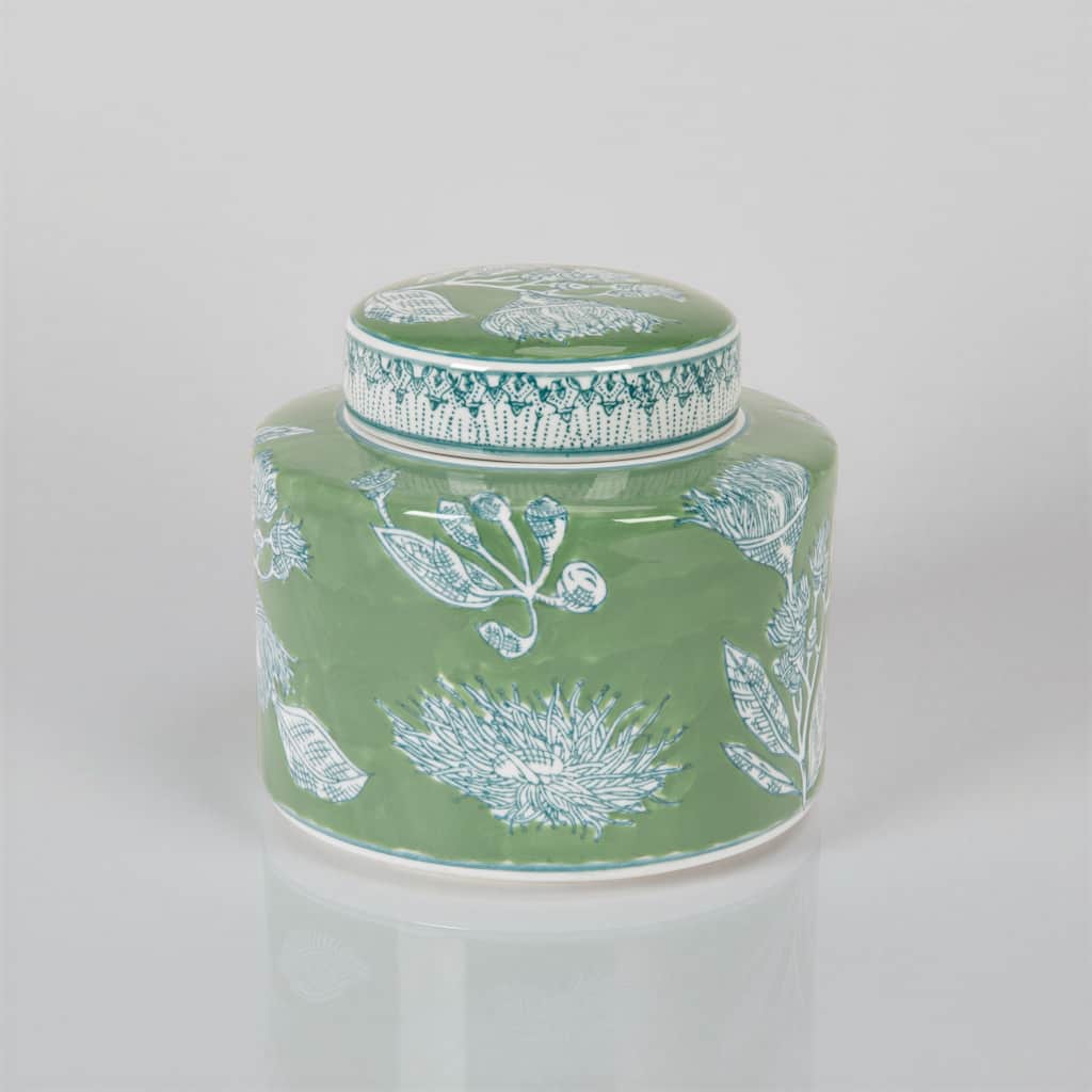 Stoneware Decorative Storage Jar with Lid and Botanical Detailing - 7.8"L x 7.8"W x 7.0"H