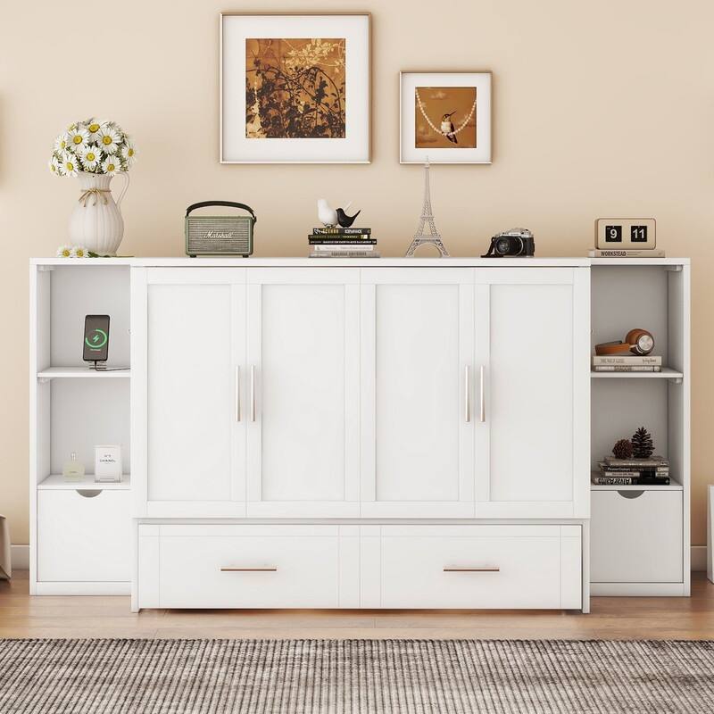 Murphy Bed with Shelves, Drawers and USB Ports,Gray