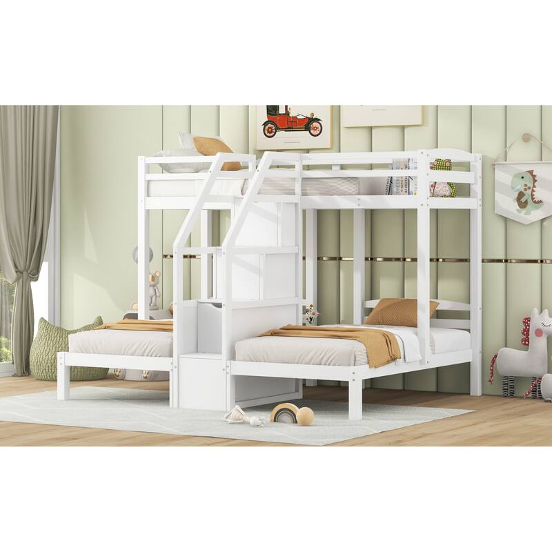 Roomfitters Twin Over Twin and Twin Triple Bunk Bed with Storage Staircase and Drawer, White
