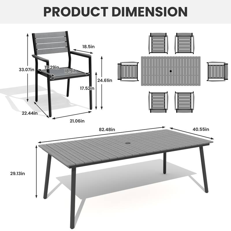 7-Piece Outdoor Patio Dining Set Aluminum Dining Table with Umbrella Hole and Stackable Armchairs