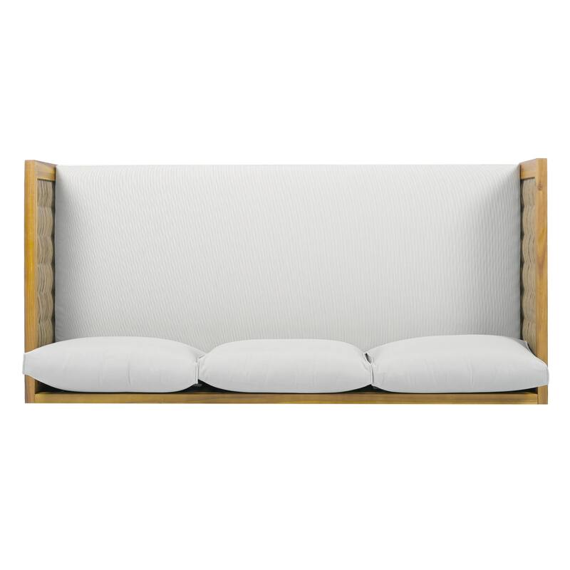 Acacia Wood Daybed with Rattan Arms Slat Paneling and Water Resistant Cushions