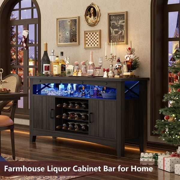 slide 2 of 9, Farmhouse 47" Wine Bar Cabinet with Power Outlets & LED Lights, Industrial Coffee Bar Liquor Cabinet with Shelves & Wine Rack Grey Walnut