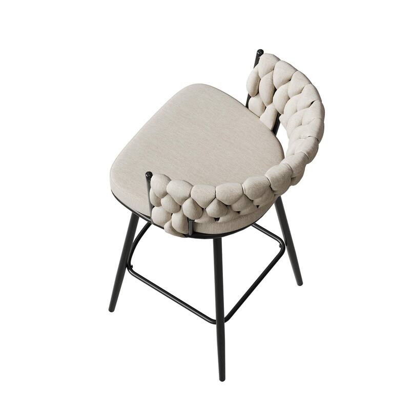 Swivel Bar Stools Set of 2, Upholstered Kitchen Island Chair with Woven Back, Counter Height Chair with Footrest