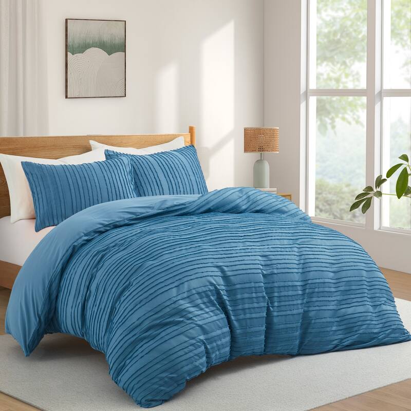 Polyester Clipped Geometric Stripe Duvet Cover & Pillowcase Set - Navy/Stripe - Queen/Full