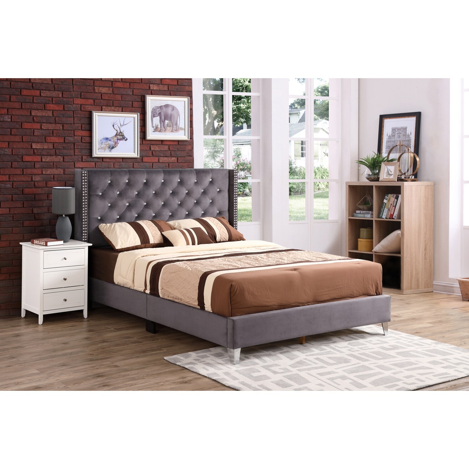 Upholstered Bed Frame with Tufted Headboard - Gray Bed, 66x86 Inch, Modern Design, Box Spring Needed
