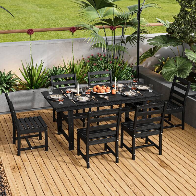 Outdoor Dining Table and Chair Set: HDPE Material, Wood - Grain Design