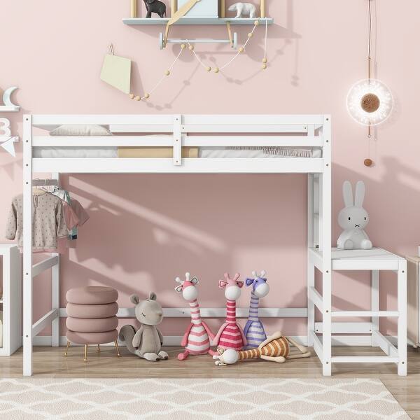 slide 2 of 7, Twin Size Loft Bed with Ladder landing Platform,Ladders,Guardrails White