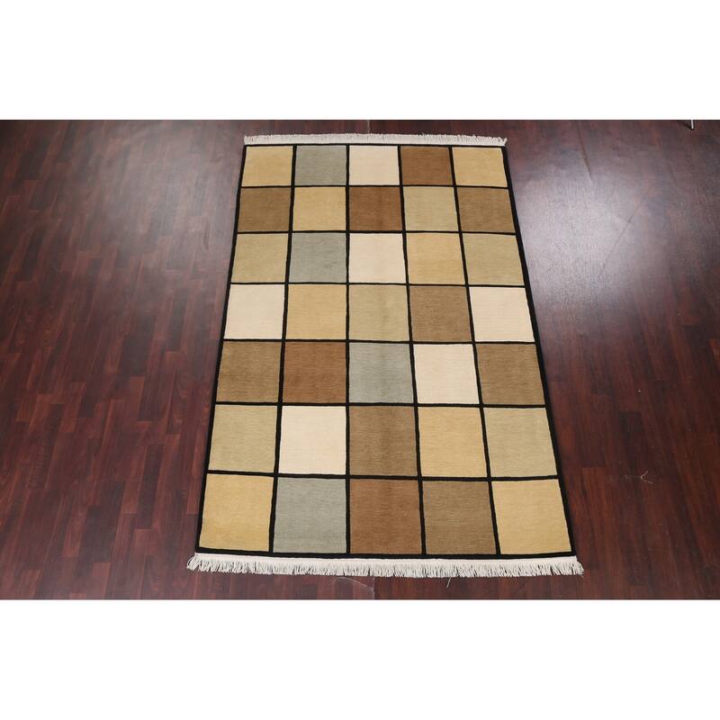 Checkered Nepalese Vegetable Dye Oriental Wool Area Rug Hand-knotted - 6'1" x 9'3"