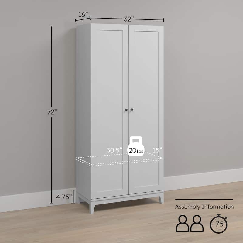 Prepac Yaletown 72" Tall Storage Cabinet with Wood Legs, Pantry Cabinet with 3 Adjustable Shelves - 32" W x 72" H x 16" D