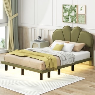 LED Low Profile Bed Platform Bed Frame with Cloud-Shaped Headboard