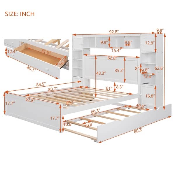 Queen Size Wooden Bed with Trundle, Cabinet, and Sockets, White