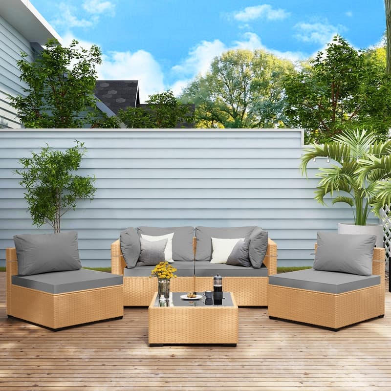 Patio Watcher 5-Pieces Yellow Rattan Conversation Set with Cusions for Outdoors