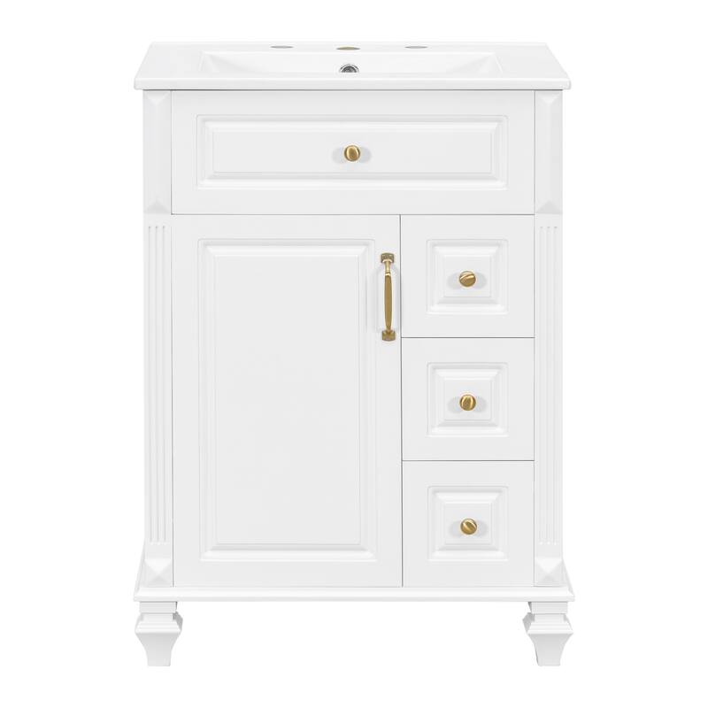 24"Bathroom Vanity with Sink, Freestanding Vanity Cabinet with Flip-Out Drawer, 3 Drawers & Storage Cabinet, Ceramic Sink Top